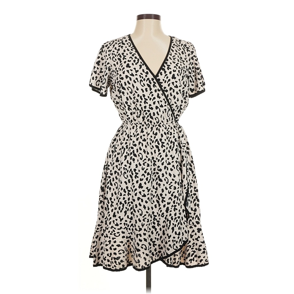 Slate & Willow Womens Leopard Print Faux Wrap Ruffle Hem Dress Tan Black Size M‎